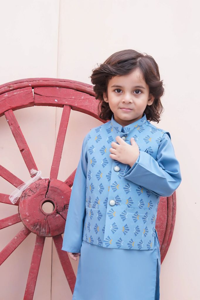 Sky Blue Kids Kurta Pajama With Printed Waistcoat image 1