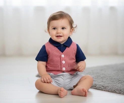 3-Piece Baby Boy Thailand Made Shirt + Shorts and Red Waist Coat Set image 1